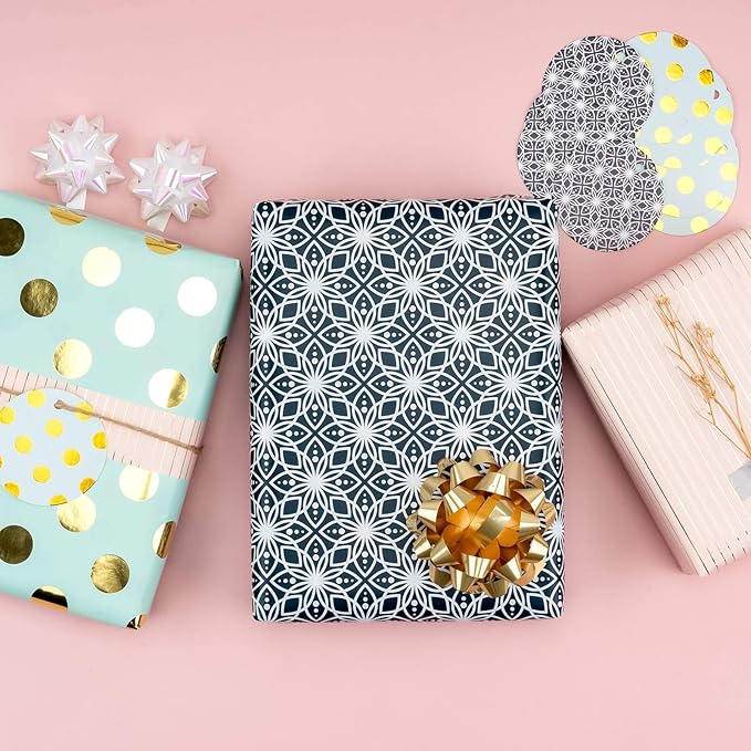 MAYPLUSS Wrapping Paper Set - Mini Roll with Bow & Ribbon & Gift Tags & Stickers - 17 inch X 120 inch Per roll - Pink Gold Stripe, Blue Polka dots and Black Floral Design (42.3 sq.ft.ttl)