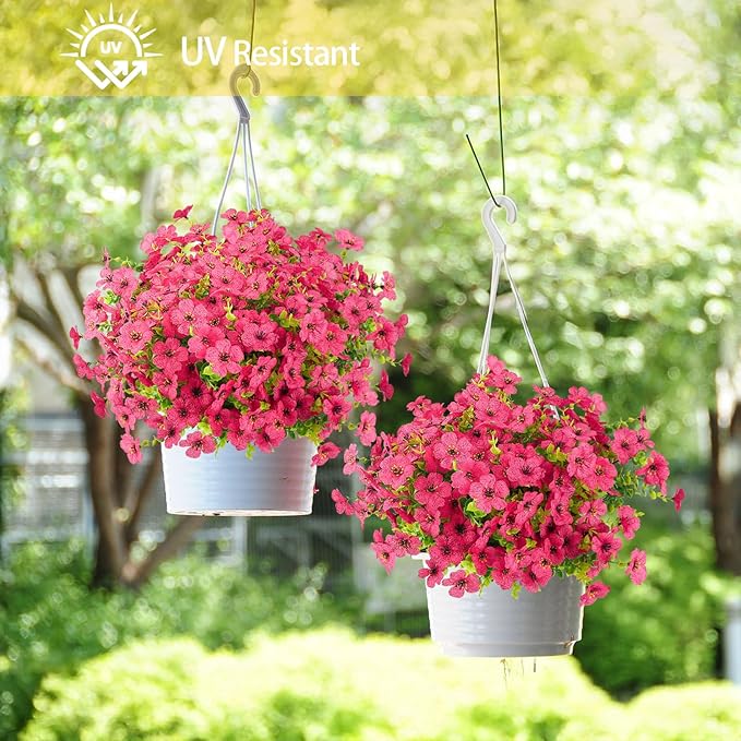 Artificial Flowers Outdoor Faux Plants UV Resistant Fake Patio Flowers Plastic Greenery Plnats Outside Bulk for Spring Garden Hanging Planter Home Vase Decor, 12 Bundles (Rose Red)