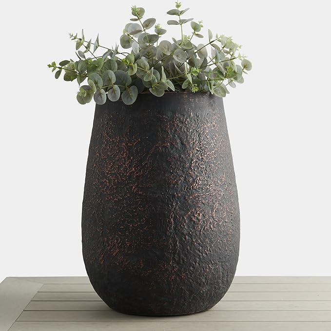 Wallowa 20" H Weathered Concrete Tall Planter, Black Large Outdoor Indoor Decorative Flower Pot with Drainage Hole, Modern Round Style for Home, Garden, Patio, Courtyard, Bronze Rust with Green Tone