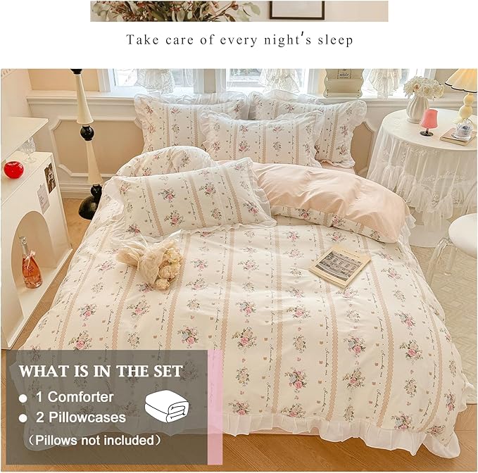 VM VOUGEMARKET White Ruffle Comforter Set Queen with Elegant Pink Flower Printed Romantic Lace Comforter with 2 Pillow Shams Princess Bedding Comforter Set for Teen Girls(3pcs,Queen)