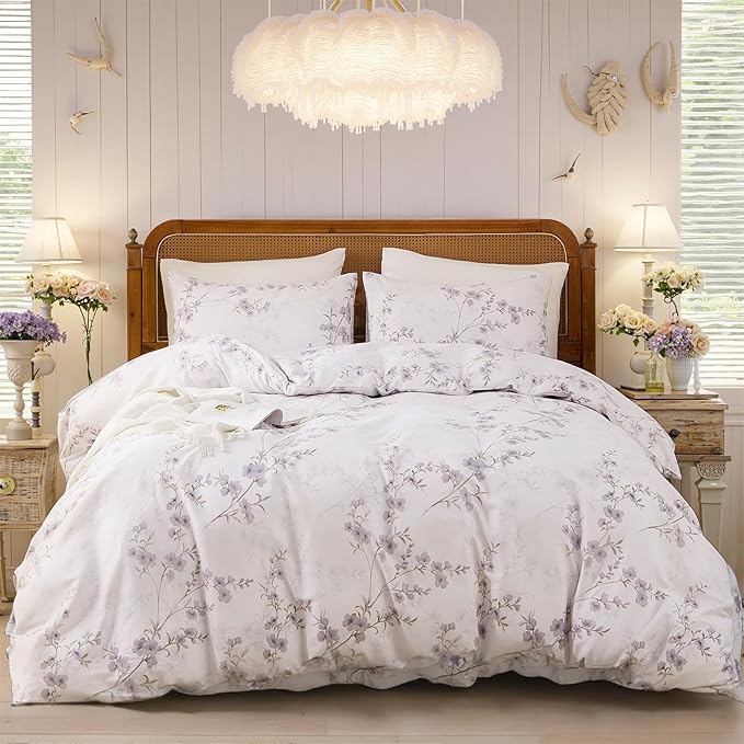 Floral Duvet Cover King Size - 100% Nature Cotton Reversible Grayish Flower Bedding Set with Zipper Closure, 3 Pieces Soft & Breathable Beige Comforter Cover