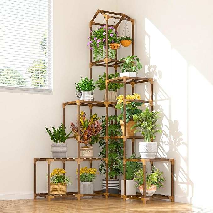 EnHomee 64.2" Corner Plant Stand Indoor Tall Plant Shelf for 13-19 Pots Tiered Plant Stands for Outdoor, Multiple Plants Tiered Wood Shelf for Living Room, Balcony, Patio