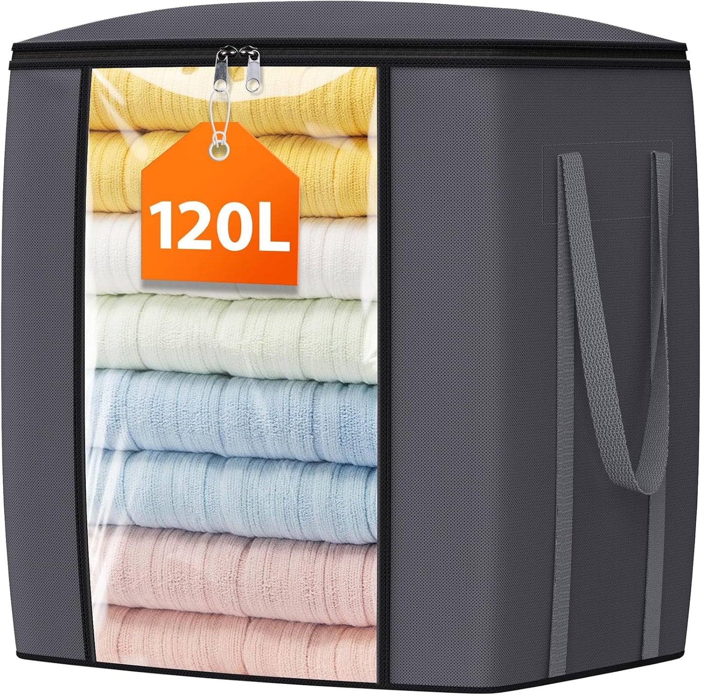 TasticTotes 120L Extra Large Clothes Storage Bags - Foldable Blanket Organizers with Reinforced Handles & Zippers - Gray, 1 Pack