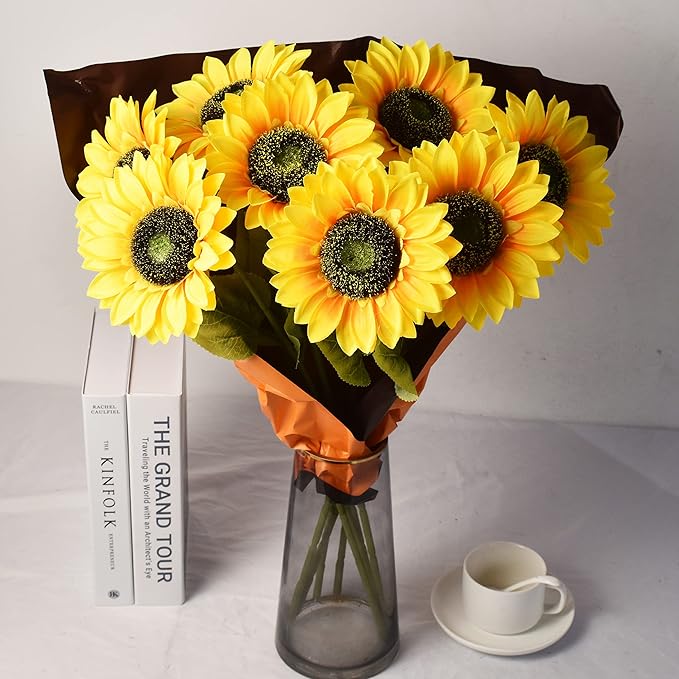 Artificial Sunflowers Flowers 8pcs Single Long Stem Large Faux Silk Sunflower Flower Bouquets for Wedding Party Bulk Yellow Centerpieces Home Decor