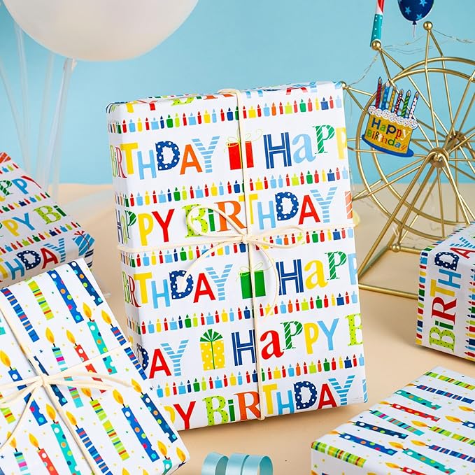 Homeral Birthday Wrapping Paper Roll - Colorful Happy Birthday Lettering & Candles, Reversible Design for Baby Shower, Party - Mini Roll - 17 Inch x 33 Feet
