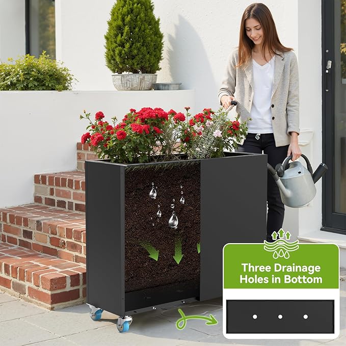 Rectangular Planter Box for Outdoor Indoor Patio Porch with Drainage Holes & Removable Shelf Black Flower Planter 35 x 12 x 26inch Modern Design for Plants Flowers Vegetables Fruits