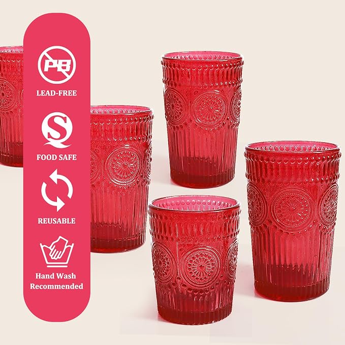 Loivttvv 12pcs Vintage Drinking Glasses Set, 12 oz Highball Glasses & 9 oz Embossed Ribbed Glassware Cups for Cocktail, Water, Juice, Coffee, Whiskey (Christmas Red)