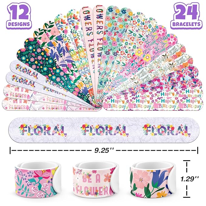 96 PCS Floral Flower Party Favors Set – 72 Pre-Cut Temporary Tattoos & 24 Slap Bracelets for Kids, Perfect for Spring Birthday Parties, Flower Festivals & Classroom Rewards