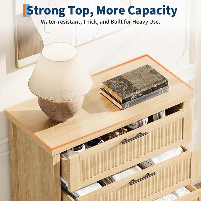 GarveeHome Fluted 4 Drawers Dresser for Bedroom, 35.4 in Tall Chest of Dressers for Closet, 4 Fluted Drawers with Metal Handle, Large Clothes Storage Cabinet for Bedroom, Nursery, Living Room, Natural