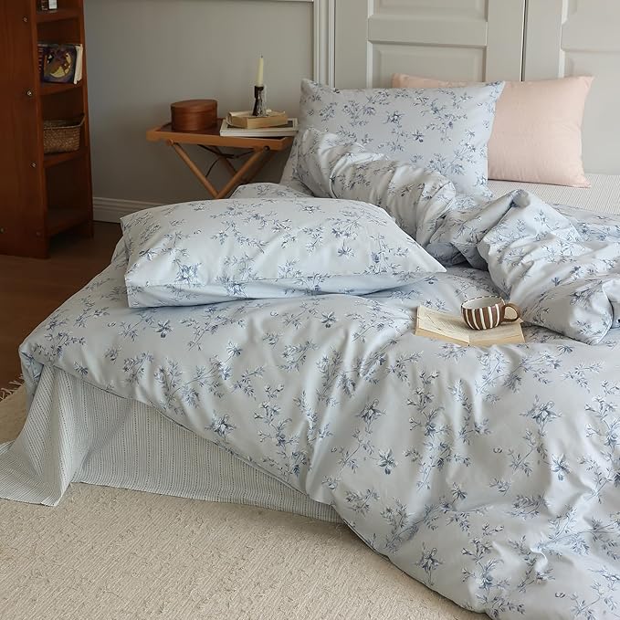 LifeTB Duvet Cover Set King 100% Cotton Vintage Blue Floral Duvet Cover Aesthetic Flower Comforter Cover with Zipper Closure Cottagecore Style Duvet Cover King with 2 Pillowcases for All Season