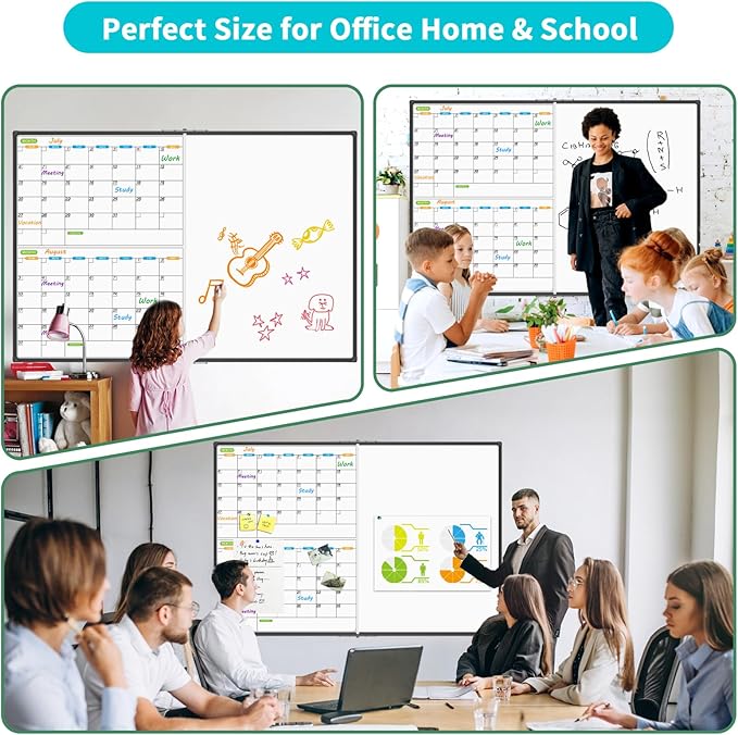 JILoffice Magnetic Foldable Dry Erase Calendar Whiteboard Combo, 2 Month Calendar Board & White Board 72 X 40 Inch, Black Aluminum Frame Wall Mounted Board for Office Home and School