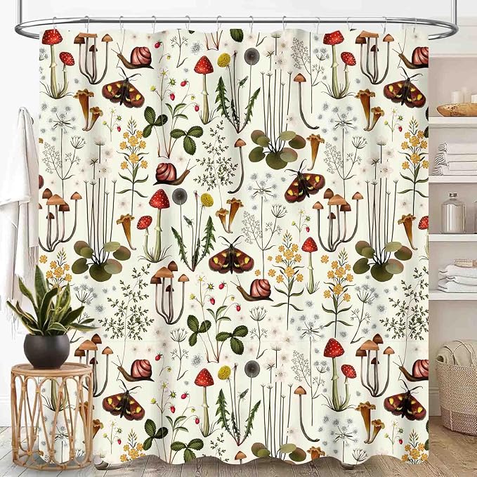 Mushroom Shower Curtain for Bathroom, Farmhouse Country Wild Floral Moth Botanical Mushroom Cottagecore Nature Plants Herbs Waterproof Fabric Shower Curtain Set with Hooks, 72"x78" Inch