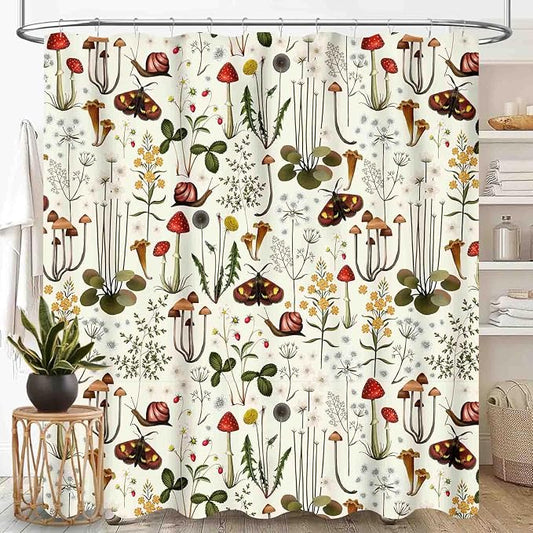 Mushroom Shower Curtain for Bathroom, Farmhouse Country Wild Floral Moth Botanical Mushroom Cottagecore Nature Plants Herbs Waterproof Fabric Shower Curtain Set with Hooks, 72"x78" Inch
