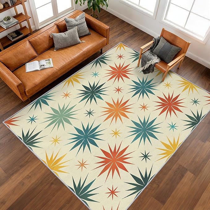 Retro Atomic Rugs for Living Room Decor, 3x5 ft, Mid Century Modern Area Rugs for Bedroom, Soft Non Slip Washable 50s Abstract Geometric Carpet Home Decorations D-g48