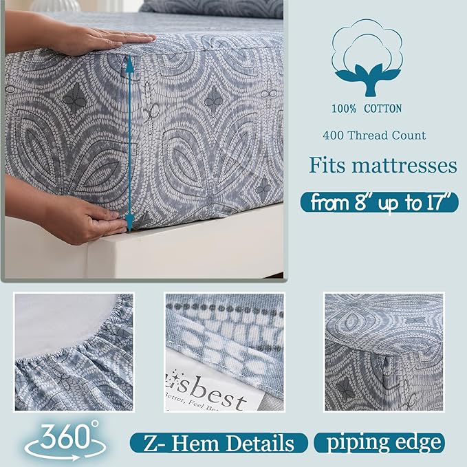 Zusbest California King Sheets 100% Percale Cotton Grey Bed Sheet Set, Brushed Extra Softness, Breathable Luxury Flannel Like Sheets Modern Classic Navy Printed Deep Pocket Bed Set 17.5'' 4 Pcs