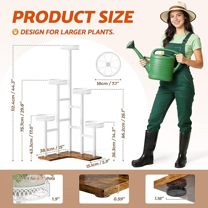 Plant Stand Indoor Outdoor, 6 Tier Tall Metal Wood Shelf Holder Display Rack Flower Pot Stand for Patio Garden Balcony Living Room Bedroom