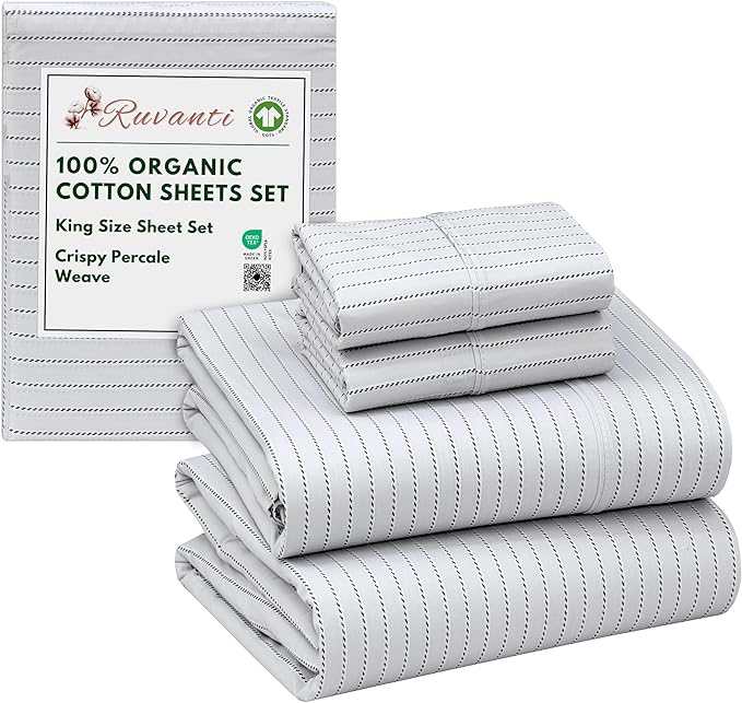 RUVANTI 100% Organic Cotton Sheets King Size, Percale Weave, GOTS Certified, 4-Piece Set, Deep Pocket 15", Crisp & Breathable, Soft Durable Bedding, Sábanas Algodón Orgánico – Construction Line