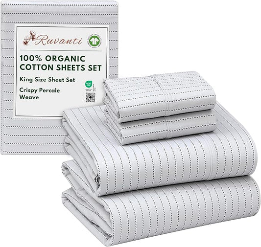 RUVANTI 100% Organic Cotton Sheets King Size, Percale Weave, GOTS Certified, 4-Piece Set, Deep Pocket 15", Crisp & Breathable, Soft Durable Bedding, Sábanas Algodón Orgánico – Construction Line