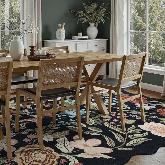 DCX Black Floral Rug 5x7, Washable Black Rug for Living Room, Kid & Pet Friendly with Rubber Back Non Slip, Soft Low Pile Carpet, Stain Resistant Rug for Bedroom, Nursery, Dining Room