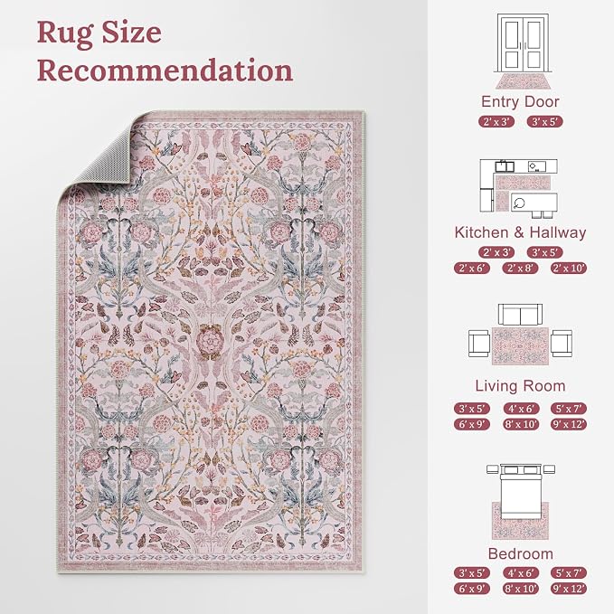AMTOVO 8x10 Washable Area Rugs for Living Room, Non-Slip&Non-Shedding Floral Large Soft Boho Vintage Accent Print Carpet for Bedroom Girls Room Dorm Dining Room Farmhouse Nursery Home Office, Pink