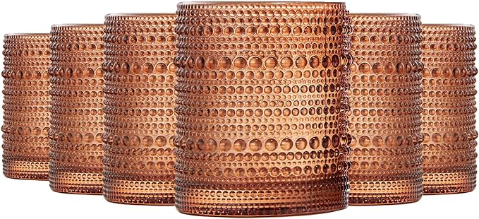 Burnt Orange Amber Hobnail Drinking Glasses | Set of 6 | 11 OZ Bubble Design Vintage Glassware, Beverage Glasses Bubble Water, Wine, Old Fashioned Cocktail, Whiskey Rocks Glass Cup, Elegant Glassware