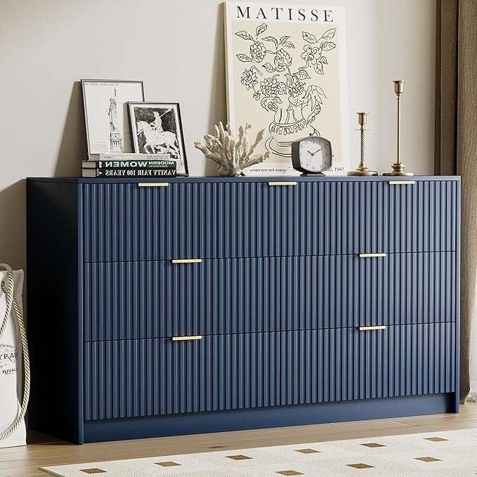 Navy Blue Dresser for Bedroom, Modern Dresser with 7 Drawers and Smooth Slides, Wide Chest of Drawers with Golden Handles for Bedroom, Living Room, Closet, 15.7" D x 55.1" W x 31.4" H