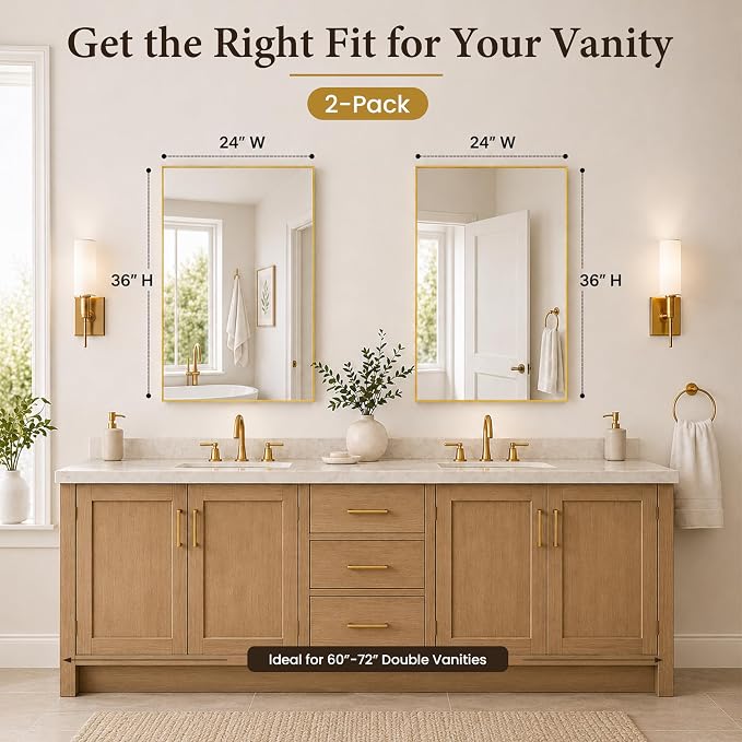 24x36 Inch Brushed Gold Bathroom Mirrors Set of 2, Tempered Glass Rectangular Wall Mirror, Rustproof Metal Frame Double Vanity Mirrors for Over Sink, Entryway, Flush Mount