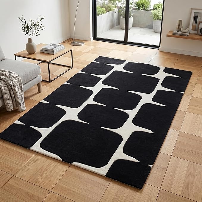 Restoration and Renovation Modern Wool Area Rug - Contemporary Abstract Geometric Design, Thick & Soft Hand-Tufted Carpet - Ideal for Indoor Decor in Living Room, Bedroom (Black, 9' x 12')