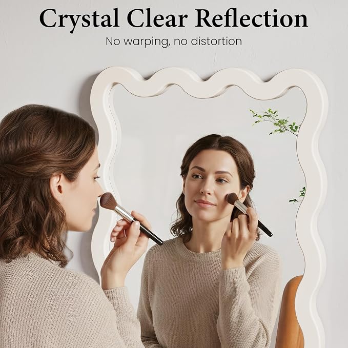 22"x30" White Wavy Wall Mirror for Vanity, Cream Solid Wood Irregular Mirror for Bedroom, Cute Squiggle Mirror for Aesthetic Decor, Small Asymmetrical Curvy Frame