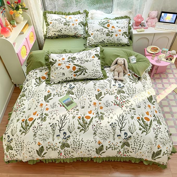 Botanical Floral Duvet Cover with Green Ruffle 100% Cotton Vibrant Flower Duvet Cover Twin XL Girls Princess Romantic Lace Comforter Cover Coquette Flower Bedding Set Floral Comforter Cover Twin XL
