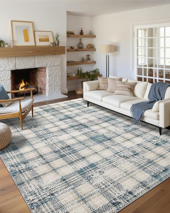 Modern Plaid Area Rugs 9x12 Living Room Washable Soft Rugs for Bedroom Tartan Large Rug Non Slip Throw Rugs Stain Resistant Carpet for Dining Room Office Nursery Rug 9'x12' Green/Beige