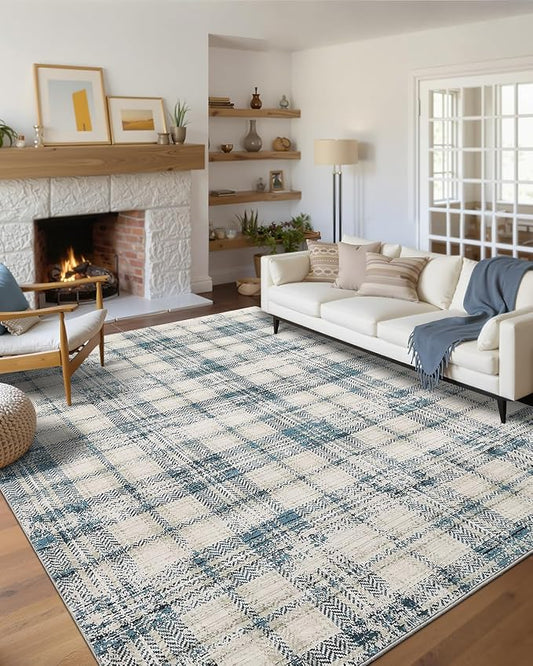Modern Plaid Area Rugs 9x12 Living Room Washable Soft Rugs for Bedroom Tartan Large Rug Non Slip Throw Rugs Stain Resistant Carpet for Dining Room Office Nursery Rug 9'x12' Green/Beige