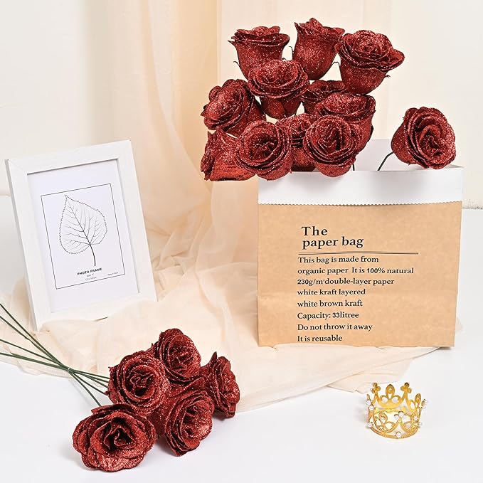 Waipfaru 24 Pcs Glitter Roses Bouquet, DIY Fake Flowers Bouquet, Artificial Red Rose Bouquet for Valentines, Anniversary, Engagement, Wedding