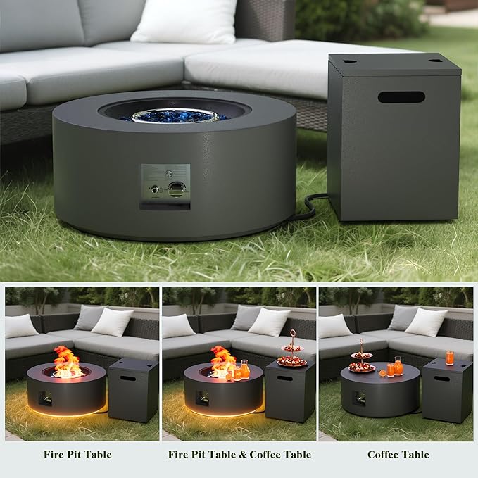 2-Piece 30" LED Round Propane Fire Pit for Outside Patio with Hidden Tank Table, 50,000 BTU Fireplaces with Lid, Glass Rocks, Cover(Dark Grey w/Golden Light)