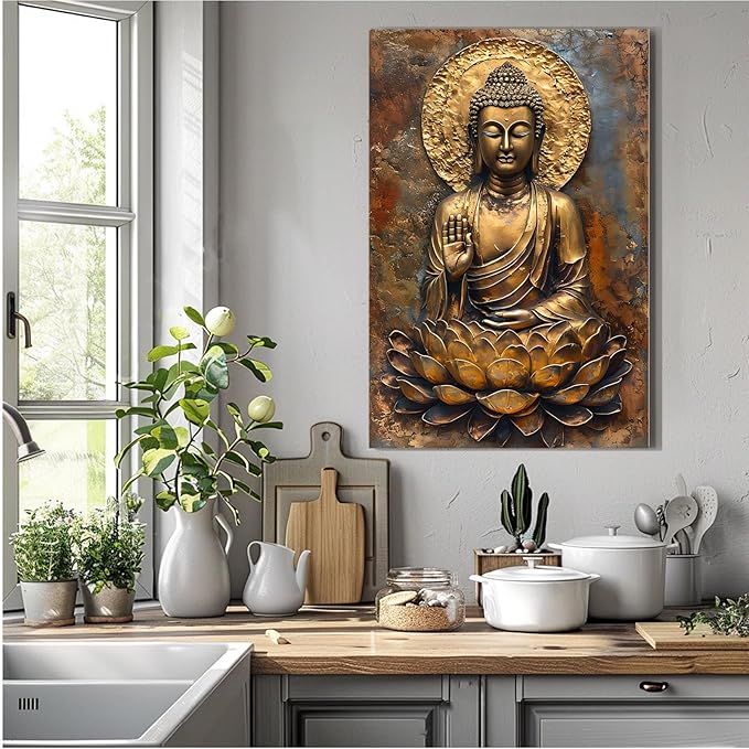 Buddha Wall Art Golden Buddha in Lotus Seat Serene spiritual statue radiant aura Meditation and mindfulness wall art suitable for sacred spaces 20x30in Wood Framed
