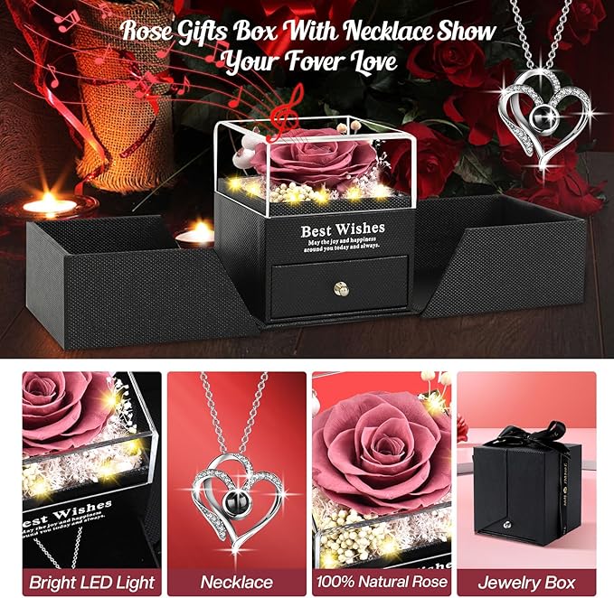 Christmas Birthday Gifts for Women - Preserved Real Rose with I Love You Heart 100-Language Necklace, LED Lights & Music Gift Box, Christmas for Women Girlfriend Mom