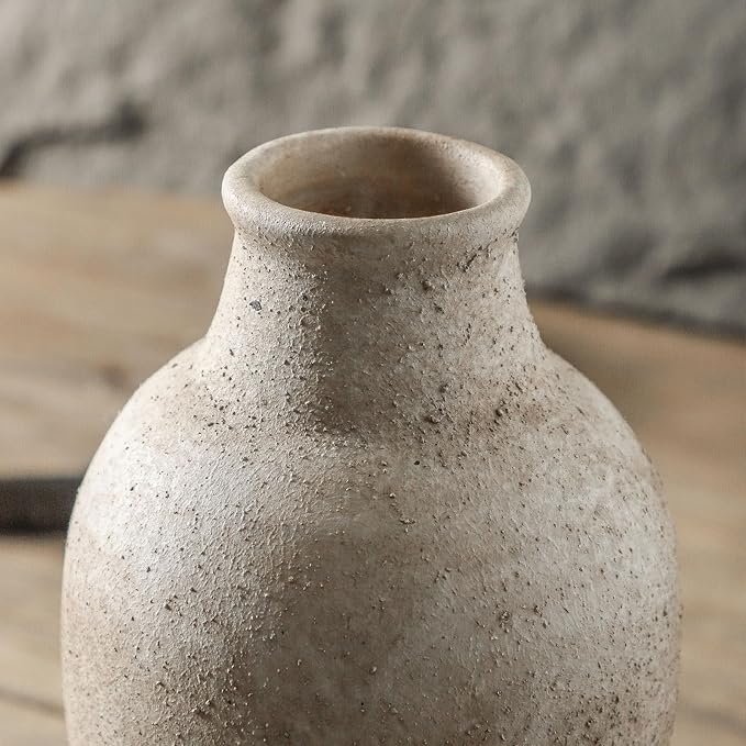 Handmade Rustic Ceramic Decorative vase, 8.3 x 5.5 inches, Off-White, Handcrafted in Vintage Style, Complements Rustic, Country, and Various Decor Themes.