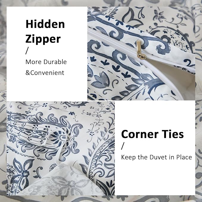 100% Cotton Duvet Cover Sets King Size, 3 Pieces Reversible Soft Bedding Sets,Blue Floral Paisley Comforter Cover, Breathable, Lightweight, All Season