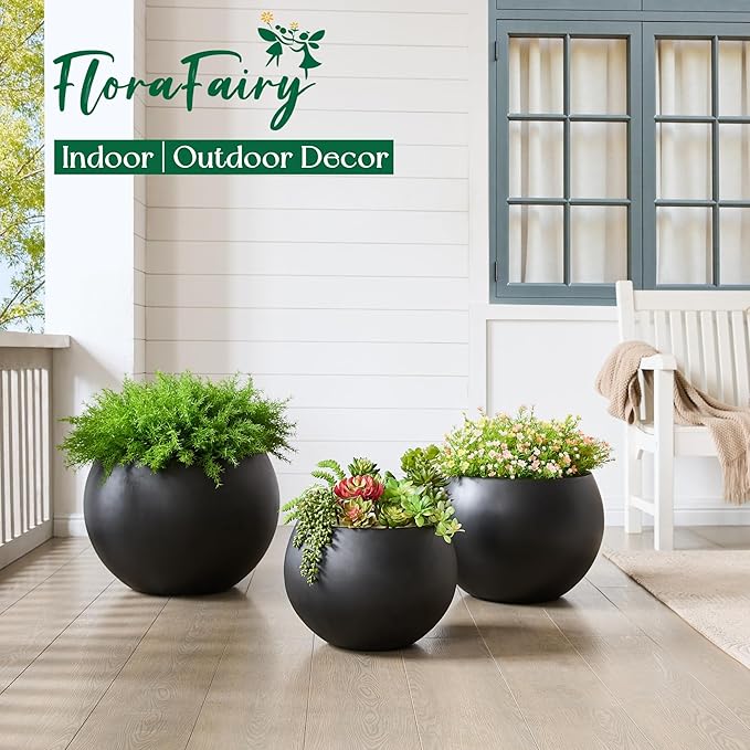Fiberstone Sphere Planter, Black 19.3" Dia Large Flower Pot with Drainage Hole and Silicone Plug, Round Plant Container for Indoor or Outdoor, 15" Opening-13 H Large