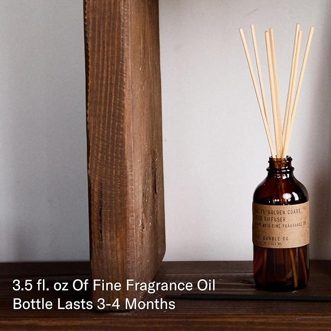 P.F. Candle Co. Golden Coast Classic Scented Rattan Reed Diffuser (3.5 fl oz) Amber Glass Jar, Fine Fragrance Oil, Flame-Free Fragrance, Made in The U.S.A.