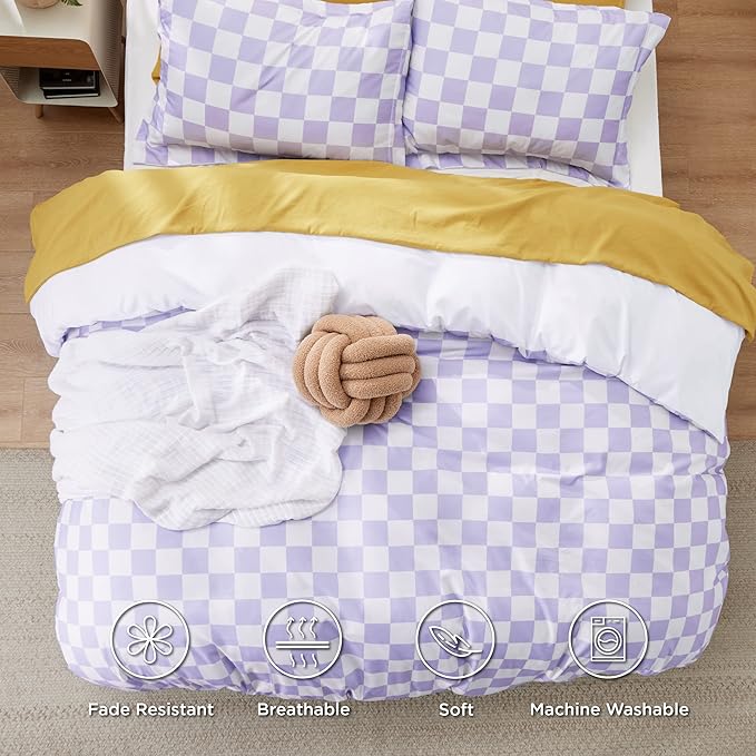Bedsure Duvet Cover Queen Size - Reversible Checkered Duvet Cover Set with Zipper Closure, 3 Pieces Purple Bedding Set with 8 Corner Ties and 2 Pillow Shams 20"x26"