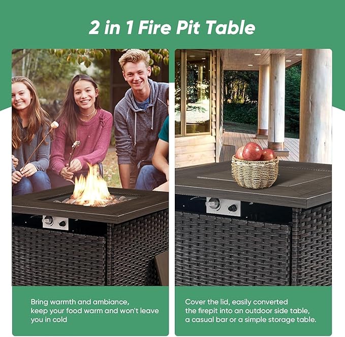 Belord 50000 BTU Propane Fire Pit Table, 30x30x26 Inches, Brown Wicker, Square, Modern Style, Steel, Powder Coated Finish