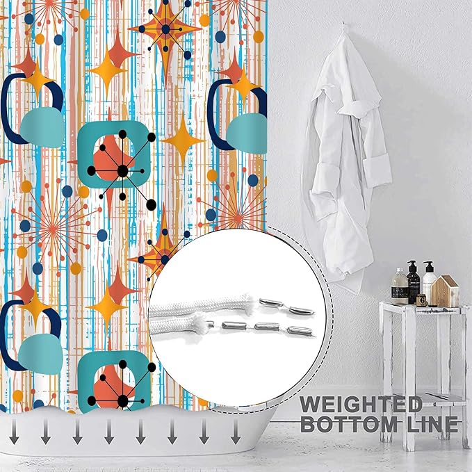 Mid Century Shower Curtain, 72x72inch, Modern Abstract Retro Colorful Striped Geometric Shower Curtain Sets 1950s Boho Bathroom Shower Curtain with 12 Hooks