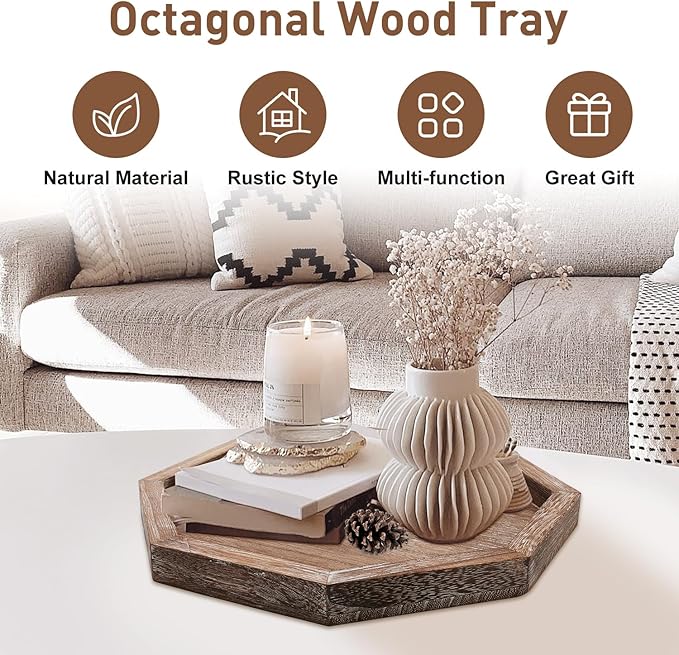 Rustic Candle Holder Plate Boho Wooden Decorative Trays for Coffee Table Farmhouse Kitchen Counter Home Decor Living Room Small Wood Serving Tray for Dining Table Centerpiece Bathroom Vanity Trays
