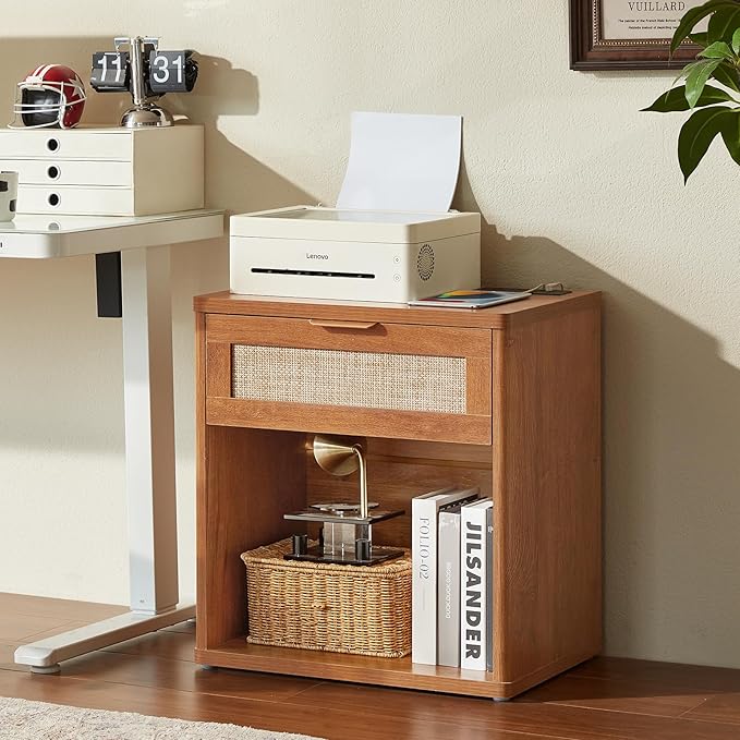 LEYAOYAO Rattan Nightstands Set of 2 with Charging Station, Tea Brown Night Stand with Drawer, 23" Wide Boho Bedside Table with Storage Shelf, Bed Side End Tables for Bedroom, Living Room, Hallway