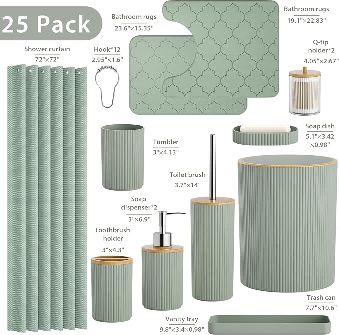 Sage Green Bathroom Accessories Set, 25 Pcs Bathroom Decor Set with Shower Curtain, Rugs, Trash Can, Soap Dispenser, Toothbrush Holder, Tumbler, Soap Dish, Storage Jars and Hooks for Guest Bath