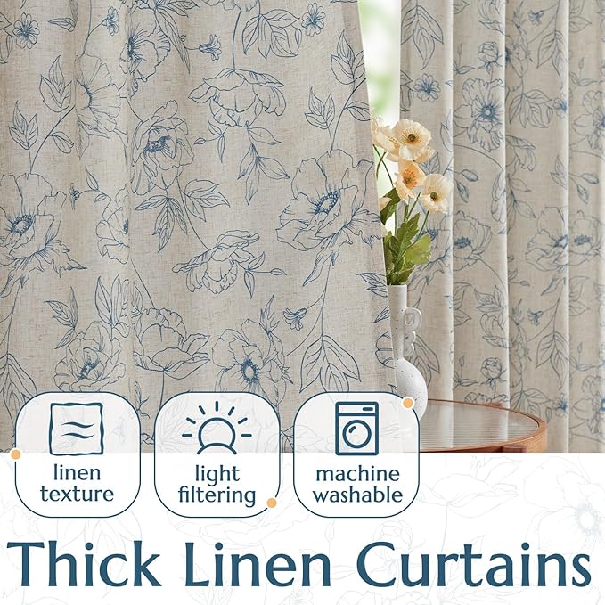 jinchan Floral Linen Curtains for Living Room 84 Inch Length Blue Flower Curtain Rod Pocket Back Tab Farmhouse Curtains with Printed Floral Bedroom Window Curtain Set, 2 Panels Blue