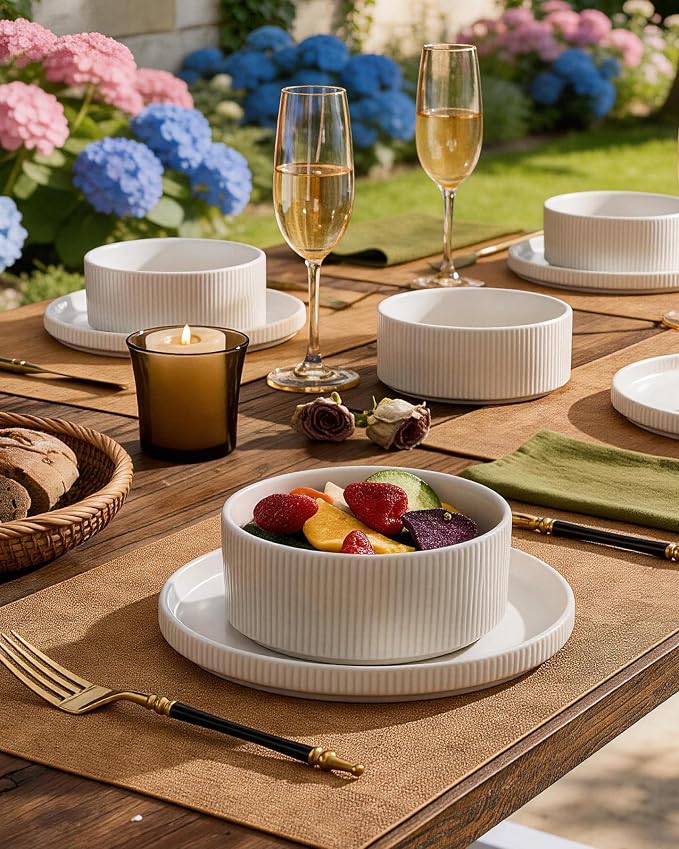 8-Piece Ceramic Plates and Bowls Sets for 4, Matte White | Handcrafted reactive glaze stoneware dinnerware. Chip & scratch resistant. Microwave & dishwasher safe. Everyday/formal use.