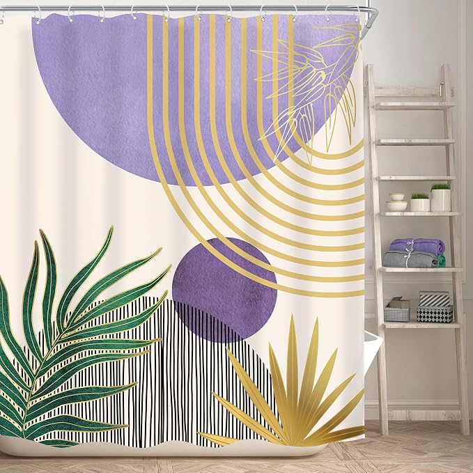 KOMLLEX Mid Century Purple Green Boho Shower Curtain 60Wx72L Inches Abstract Modern Shower Curtains for Bathroom Gold Botanical Minimalist Arch Sun Fabric Liner Waterproof Polyester 12 Pack Hooks
