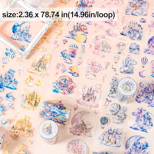 AuriicLeaf Cloud-Themed Pre-Cut PET Tape Set, 6 Rolls of Fantasy Castle and Balloon Stickers for Scrapbooking, Journaling, and DIY Craft Supplies
